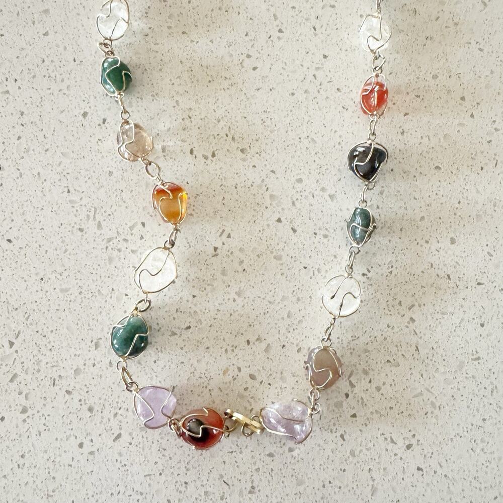 VINTAGE 1960-70'S ARTISAN CRAFTED CAGED SEMI=PRECIOUS GEMSTONE NECKLACE 12” Drop - Picture 2 of 5
